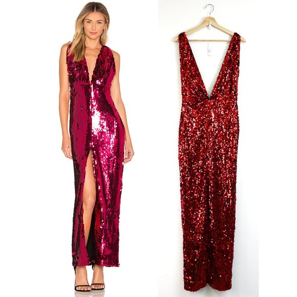 NBD Maeve Sequin Plunging Neck Maxi Slit Gown Red - Picture 1 of 8
